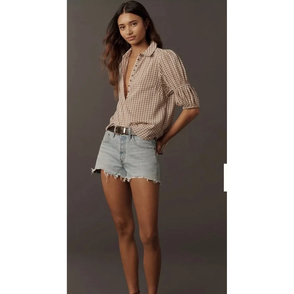 Anthropologie Tan Gingham Cotton Puff Sleeve Henley Top Boho Blouse small